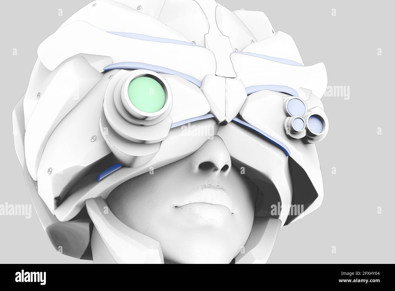 3d render illustration of sci-fi girl face in helmet on gray background. Stock Photo