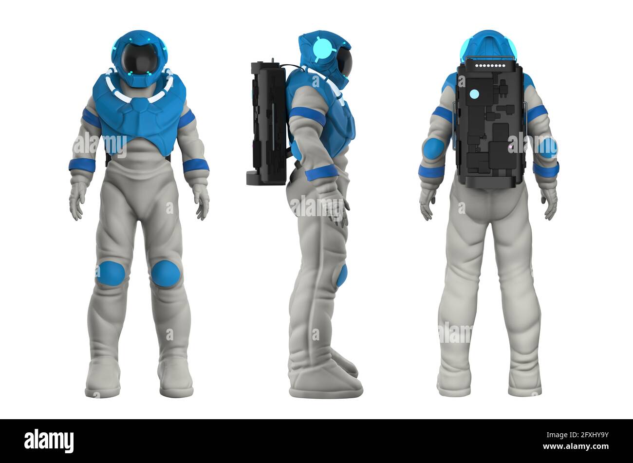 Isolated 3d render illustration of astronaut character in space suit and  helmet standing on white background, front back and side view Stock Photo -  Alamy
