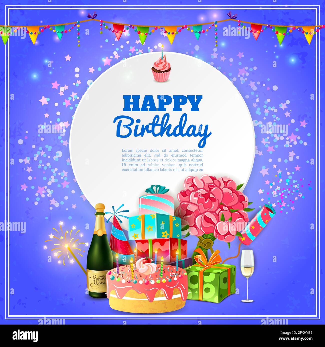 Happy Birthday Party Template For Background Or Invitation Card With Cake Champagne And Decorations Abstract Vector Illustration Stock Vector Image Art Alamy