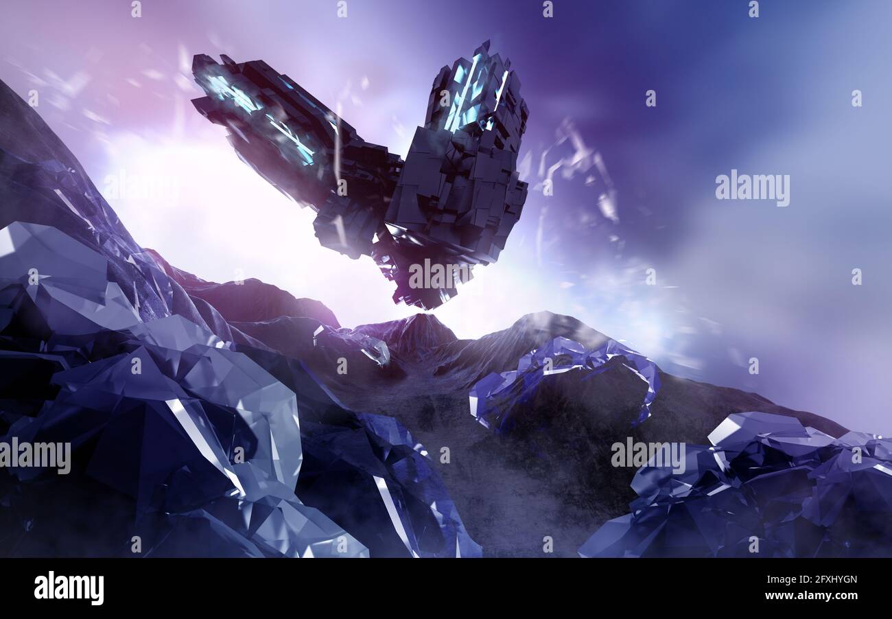3d render illustrarion of futuristic spaceship aircraft landing on alien crystal planet. Stock Photo