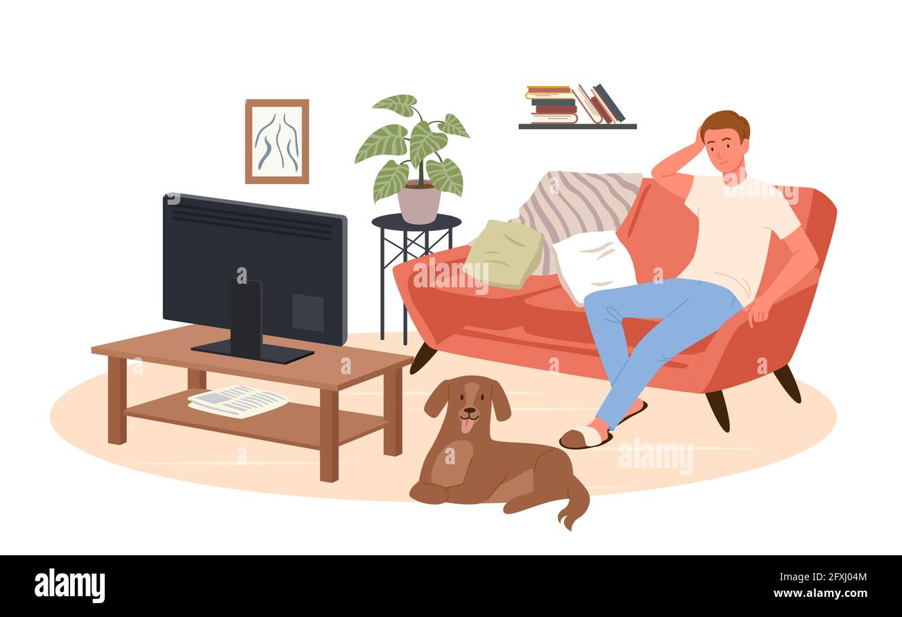 Young man watching tv news, movie film at home sofa couch of living