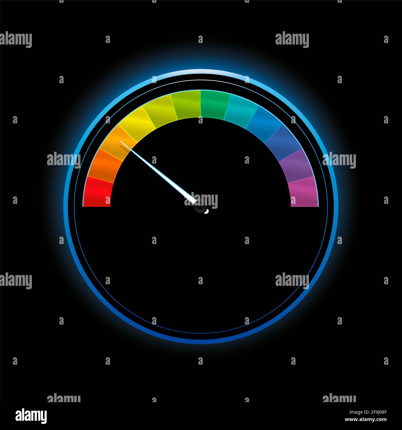 Speedometer, gauge with rainbow colored scale fields, colorful subdivisions as rating indicator, semicircle, graduation display instrument. Stock Photo