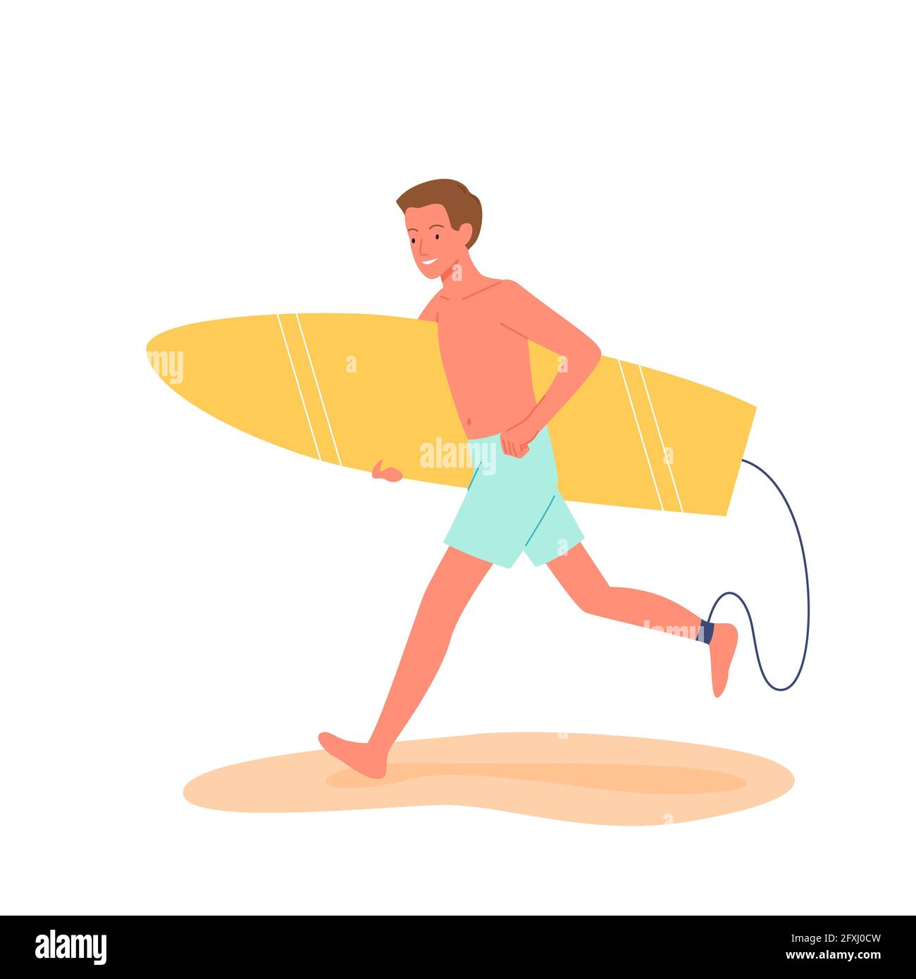 Happy surfer runs with surfboard on tropical beach, summer beach travel vacation scene Stock Vector