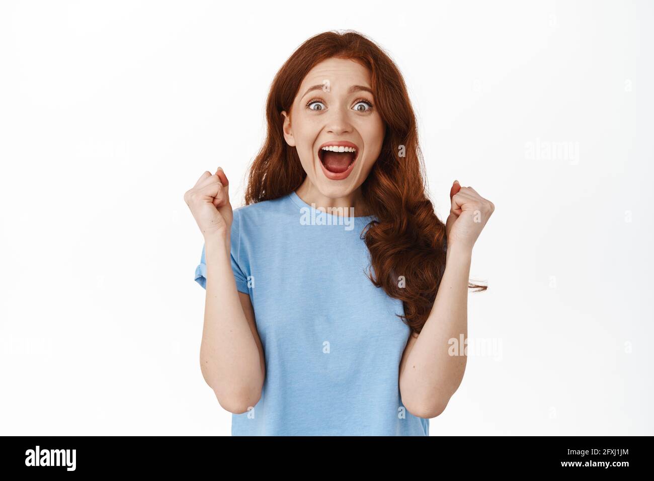 Yes Win Excited Redhead Girl Celebrates Winning Making Fist Pump