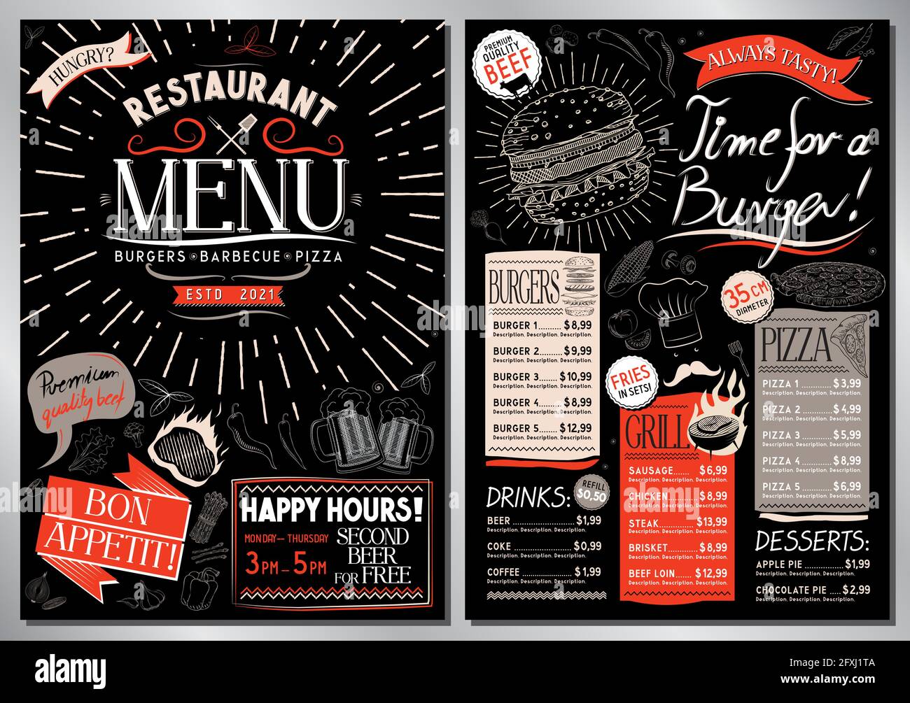 Grill restaurant menu template - A4 card (burgers, grill, pizza, drinks,  desserts Stock Vector Image & Art - Alamy