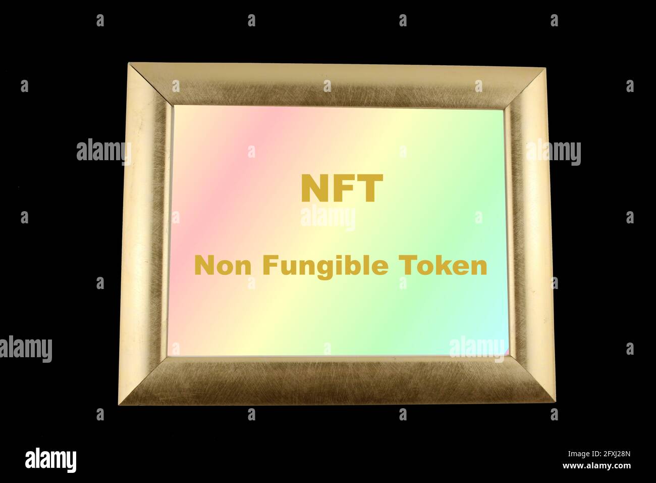 NFT non fungible tokens crypto art on black background. NFT crypto art collectibles concept Stock Photo