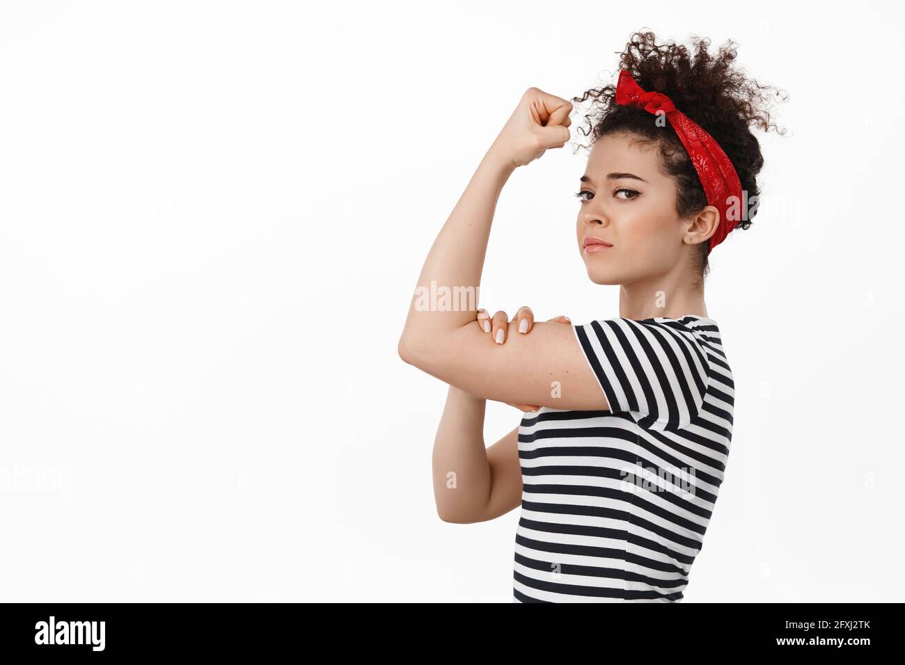 Woman Flexing Bicep Red Bandana