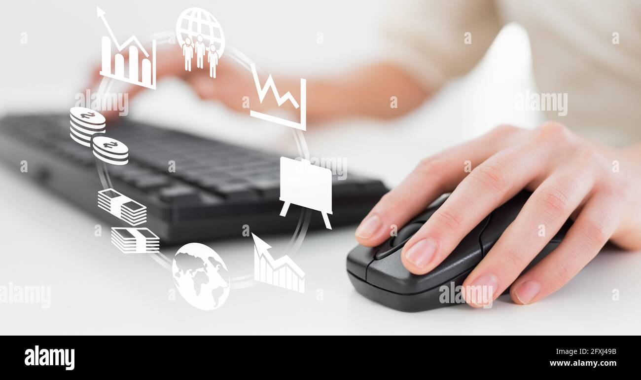 Composition of digital icons and data processing over woman using mouse ...