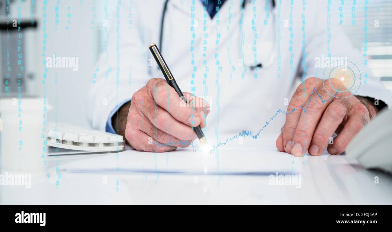 Composition of male doctor writing notes, with medical research data interface screen Stock Photo