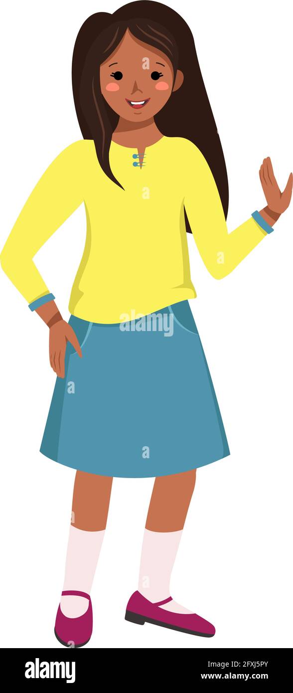 A girl in a skirt and blouse with dark skin and black hair. Happy smiling African American kid rejoices. Teenager in casual summer clothes. World Stock Vector