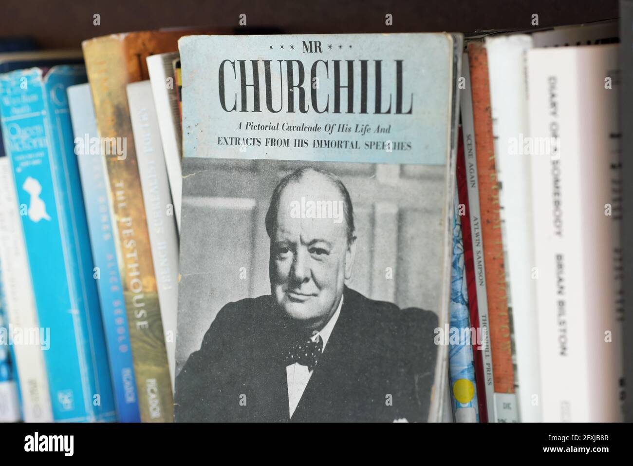 Winston Churchill illustrated book with extracts from his famous speeches in a second hand bookshop UK Stock Photo