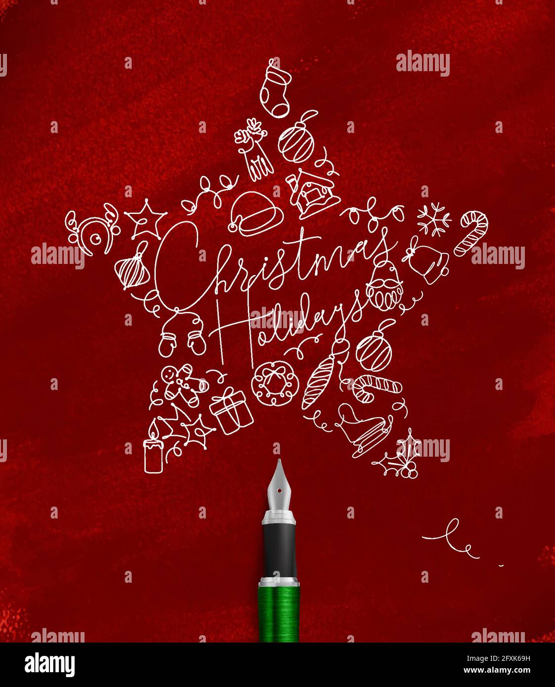 Christmas tree toy star lettering holidays drawing with pen line on red background Stock Vector