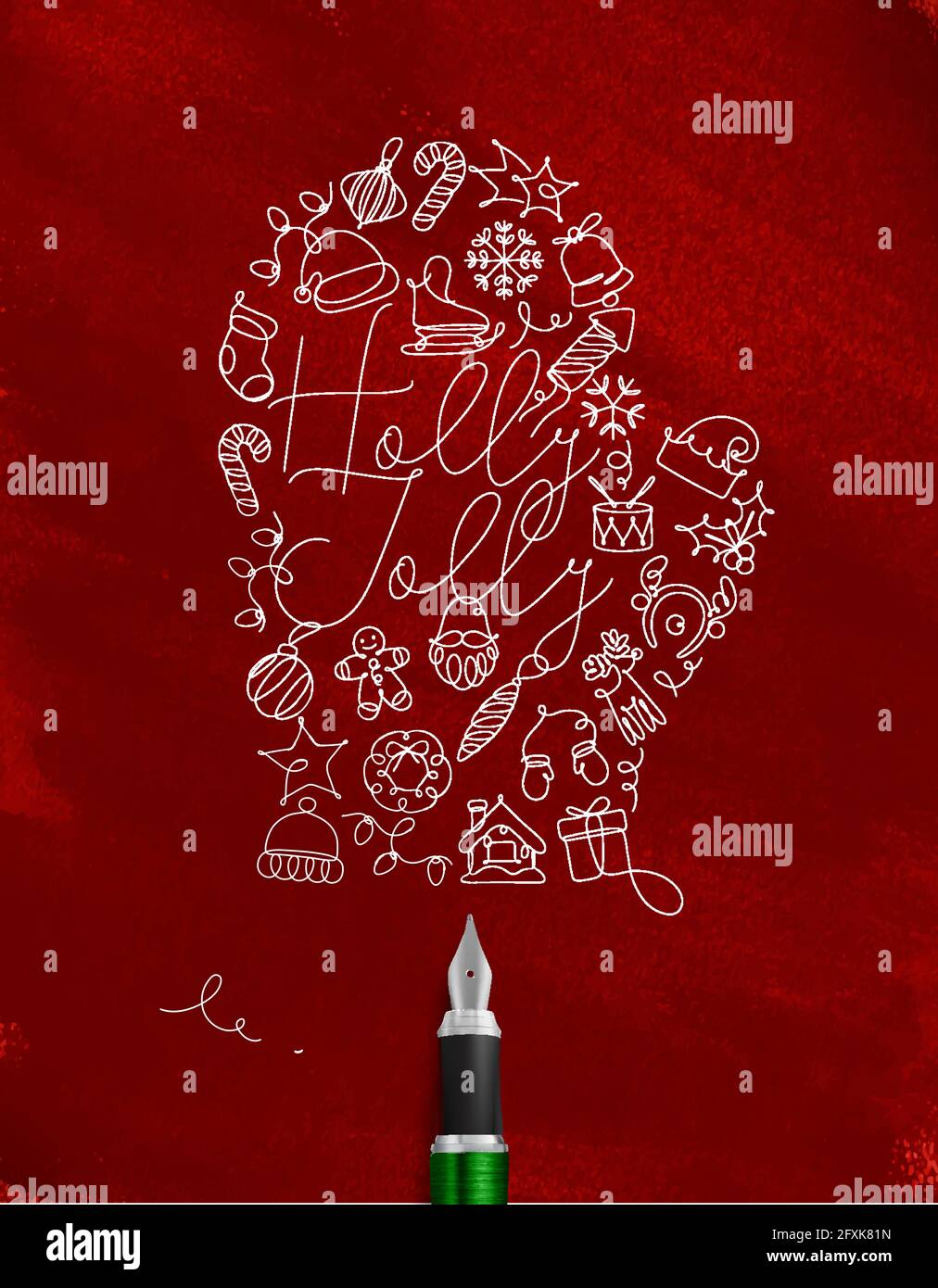 Christmas tree toy glove lettering holly jolly drawing with pen line on red background Stock Vector