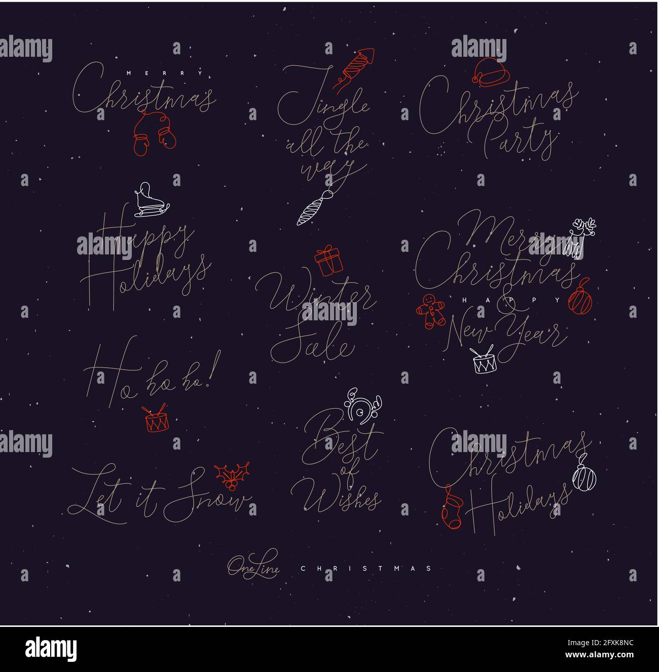 Christmas pen line lettering for winter holidays drawing on dark background Stock Vector