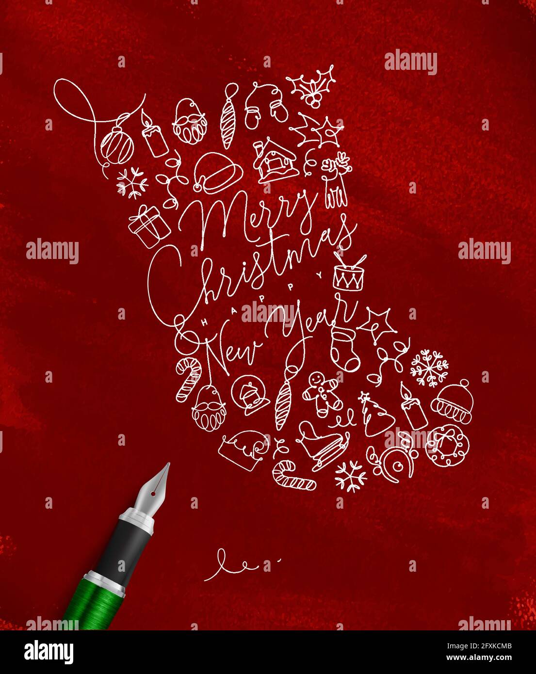 Toy socks lettering merry christmas and happy new year drawing with pen line on red background Stock Vector