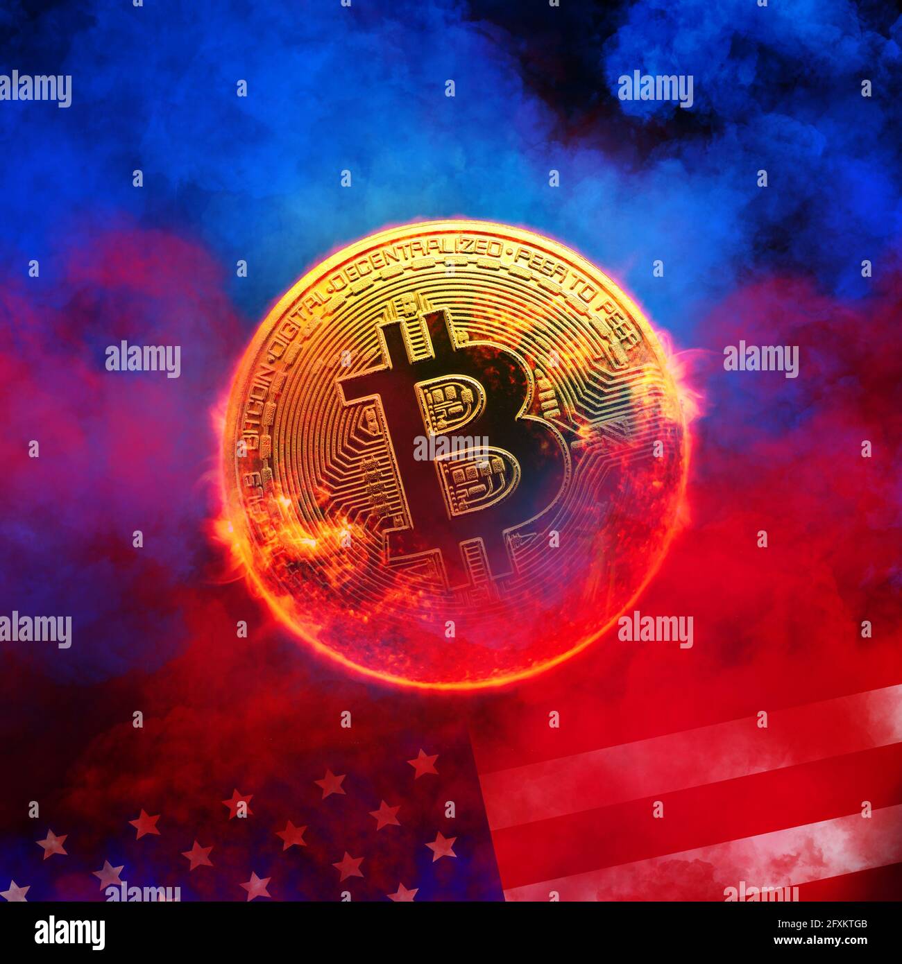 Burning golden bitcoin coin on USA flag in red smoke background.  cryptocurrency concept Stock Photo - Alamy