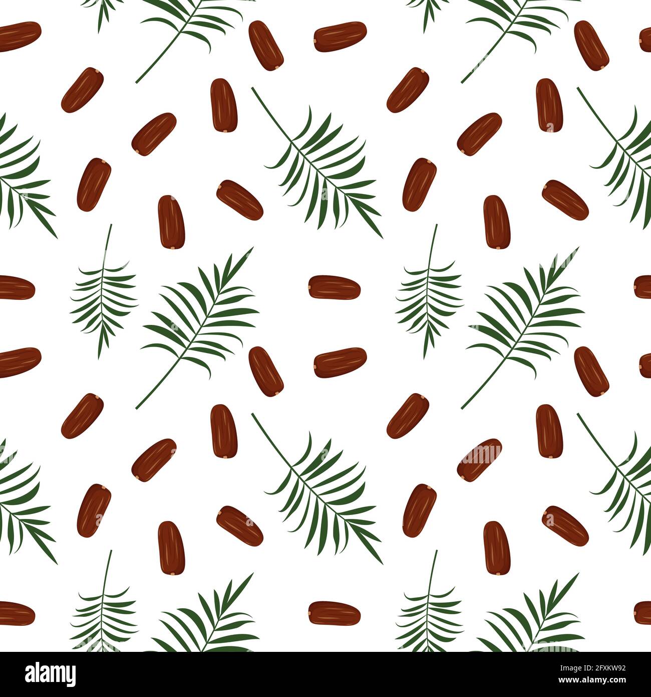 Seamless pattern with date fruits and palm branch. Summer cute print with exotic food. Background with sweet delicious dessert. Suitable for textiles Stock Vector