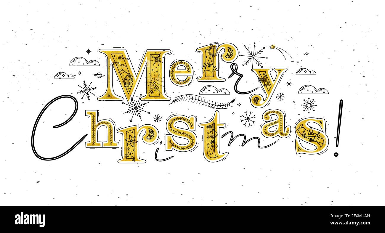 Poster lettering merry christmas drawing in graphic style on white background Stock Vector