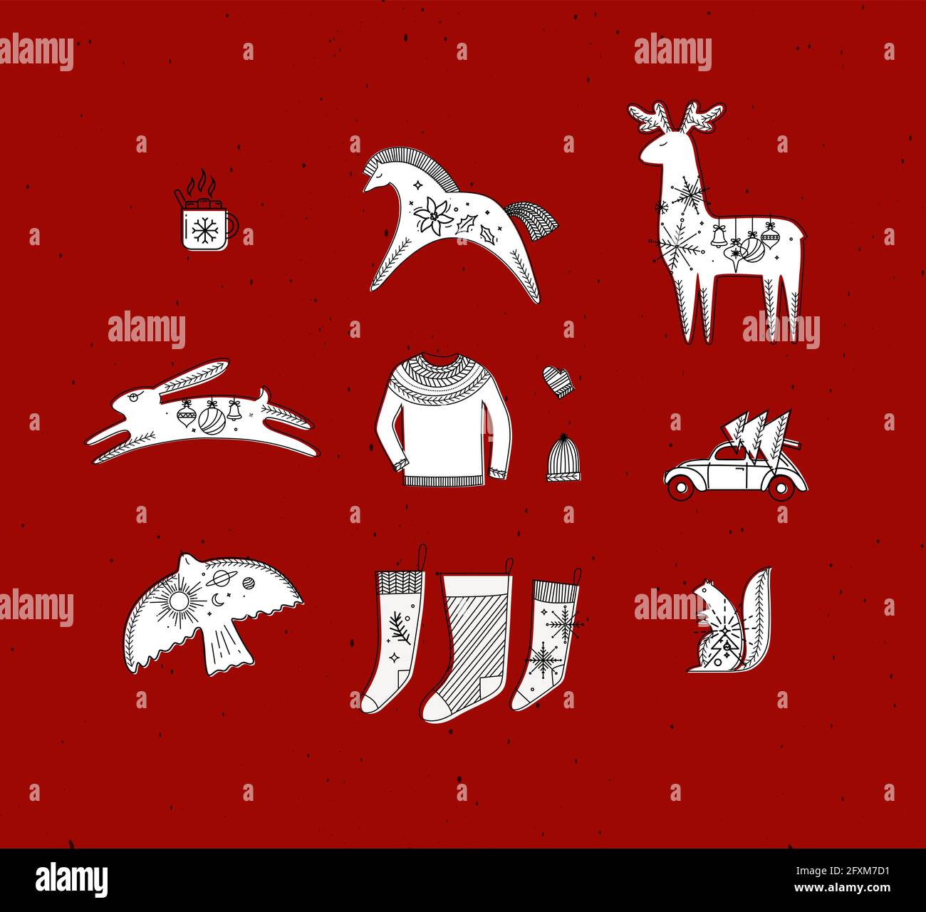 Merry christmas symbols cup, horse, deer, rabbit, hat, glove, pullover, car, tree, bird, squirrel, socks drawing in graphic style on red background Stock Vector