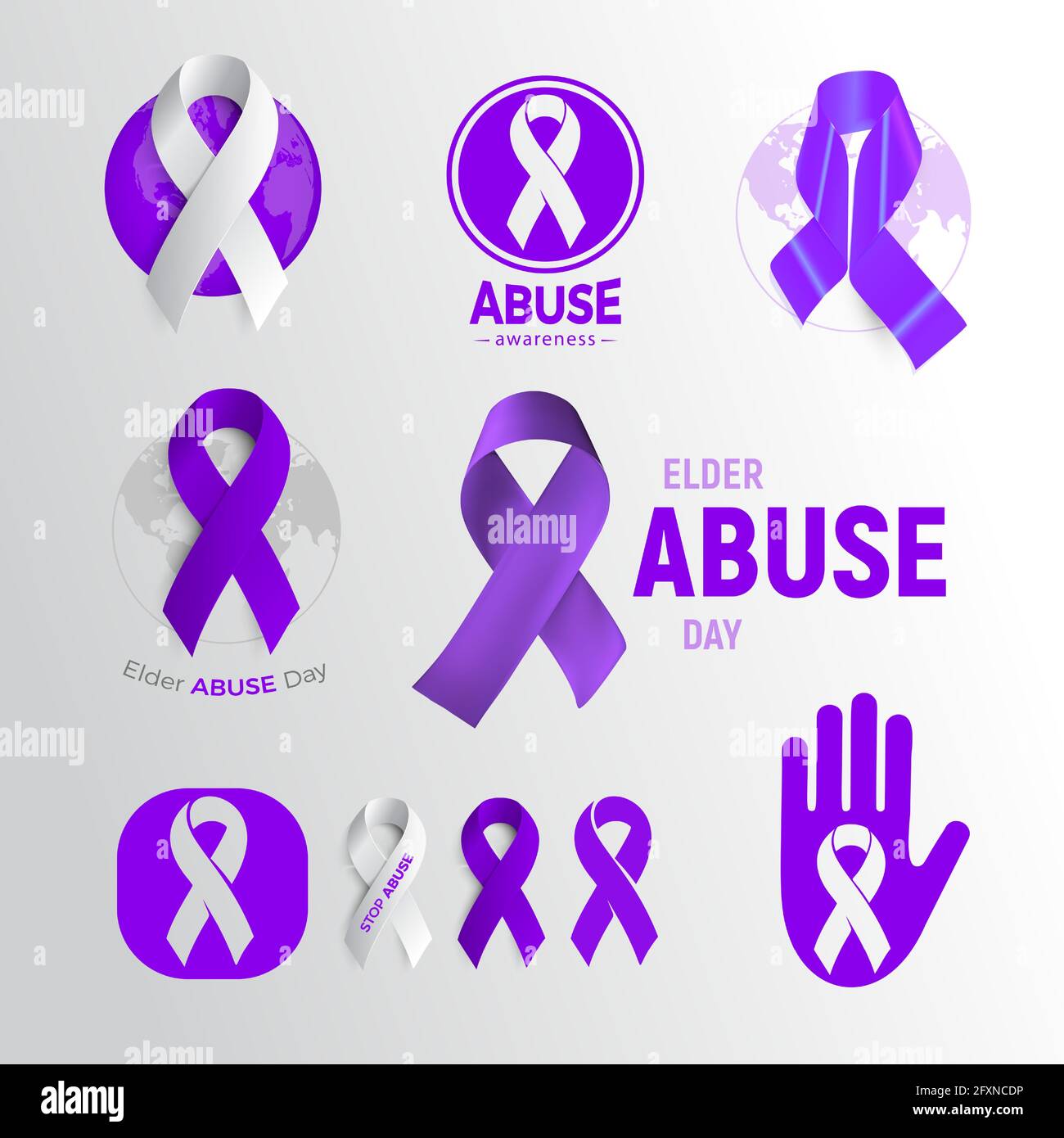 Elder abuse awareness day icon set, purple ribbon collection, domestic ...