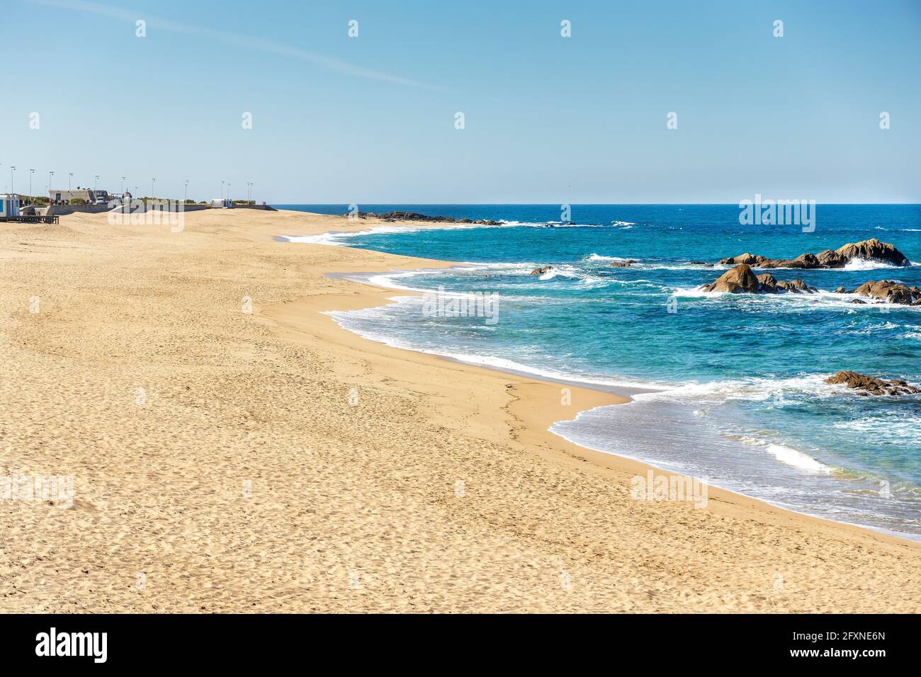 Sandy and rocky coast in Vila do Conde, Porto, North Region, Portugal Stock Photo