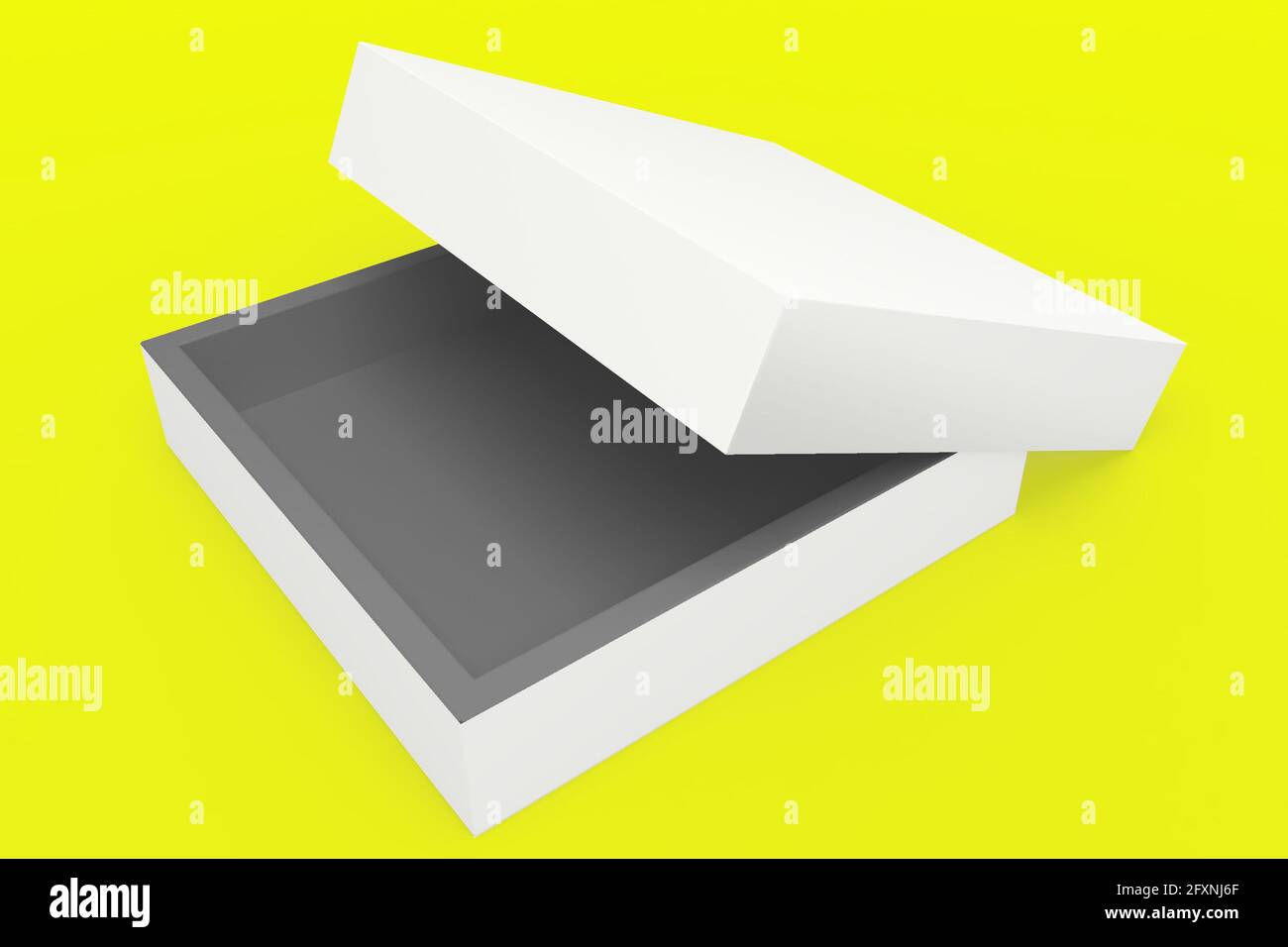 Paper gift box. Square white box on yellow background. Packing for mockup. Gift box. 3d rendering. Stock Photo