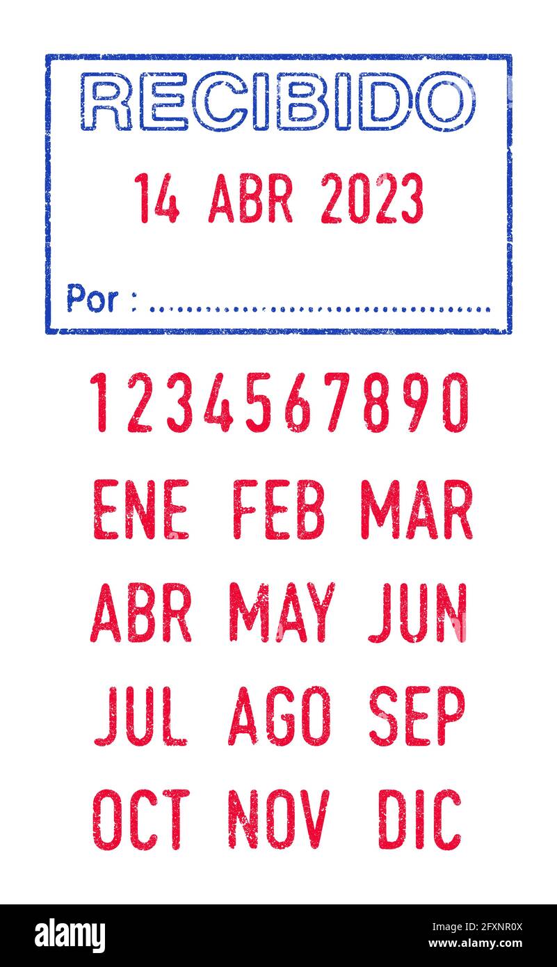 Vector illustration of the Spanish words Recibido (Received) and Por (By) in blue ink stamp and editable dates (day, month and year) in red ink stamps Stock Vector