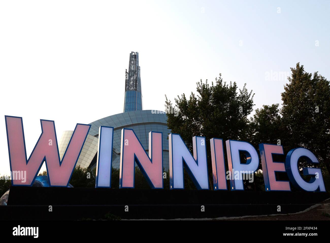 Winnipeg sign outside of the Canadian Museum for Human Rights in Manitoba, Canada. The sign is at The Forks. Stock Photo