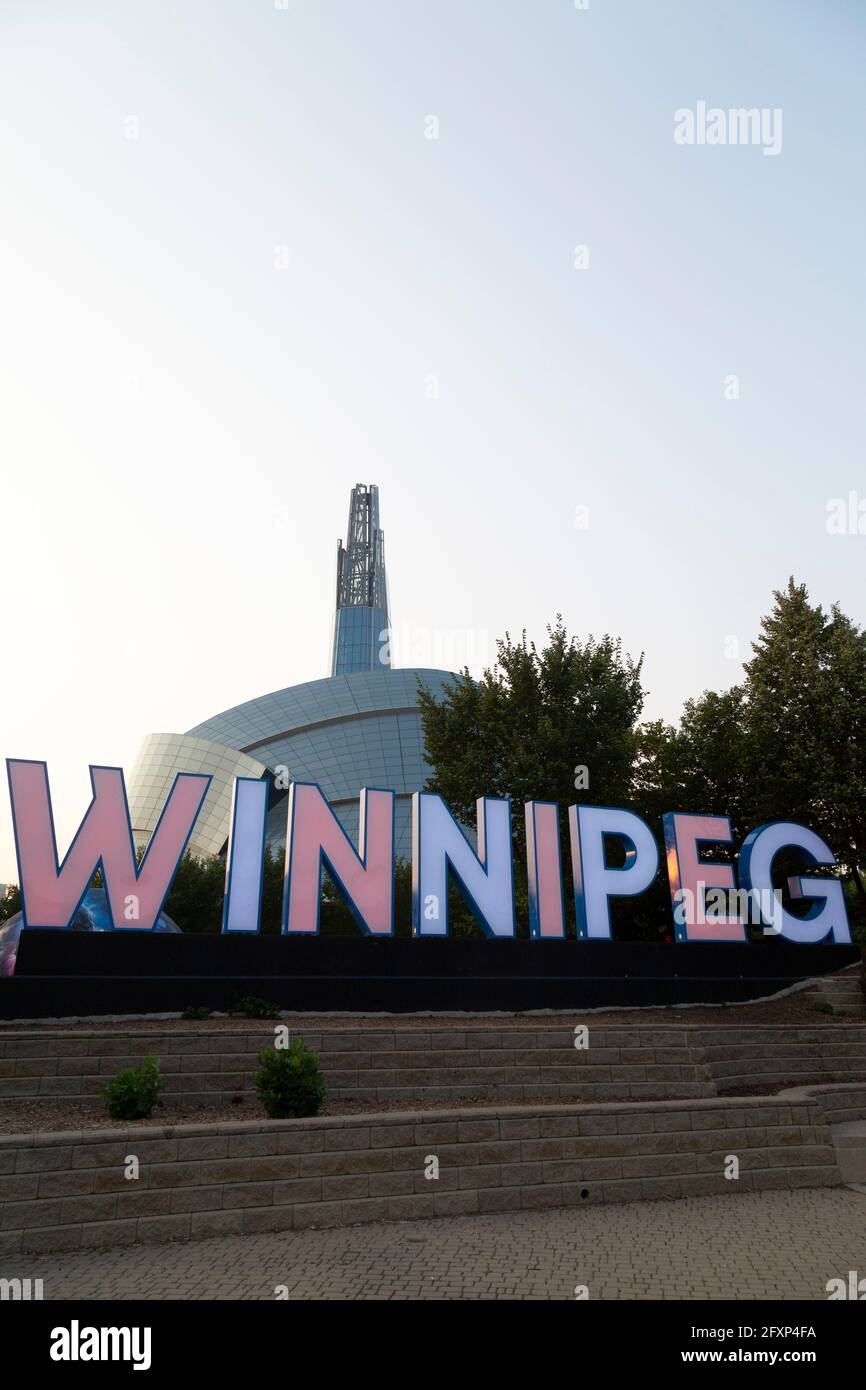 Winnipeg sign outside of the Canadian Museum for Human Rights in Manitoba, Canada. The sign is at The Forks. Stock Photo