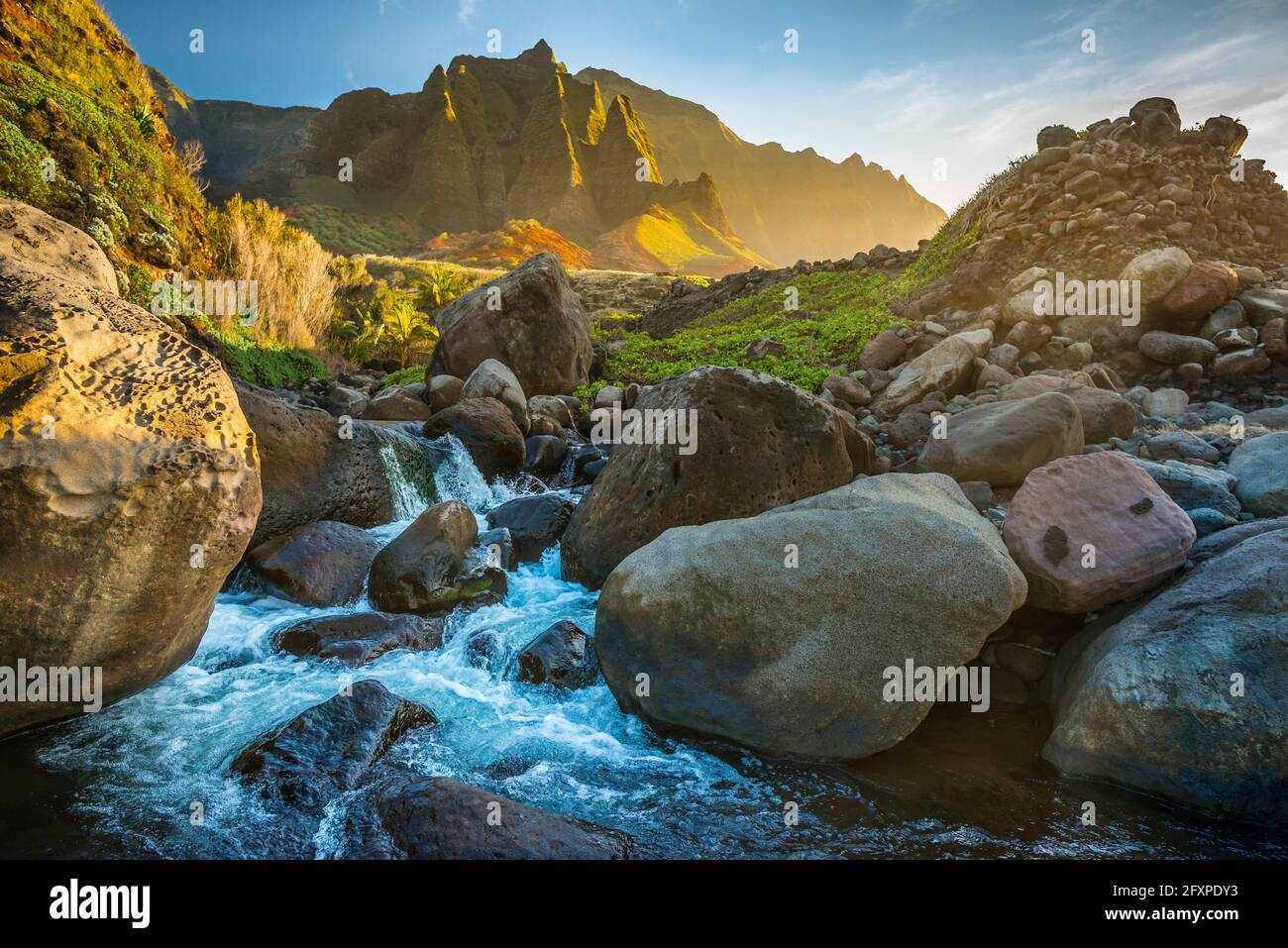 Mountain stream flows from the NaPali Cliffs in the background, Hawaii, United States of America, Pacific Stock Photo