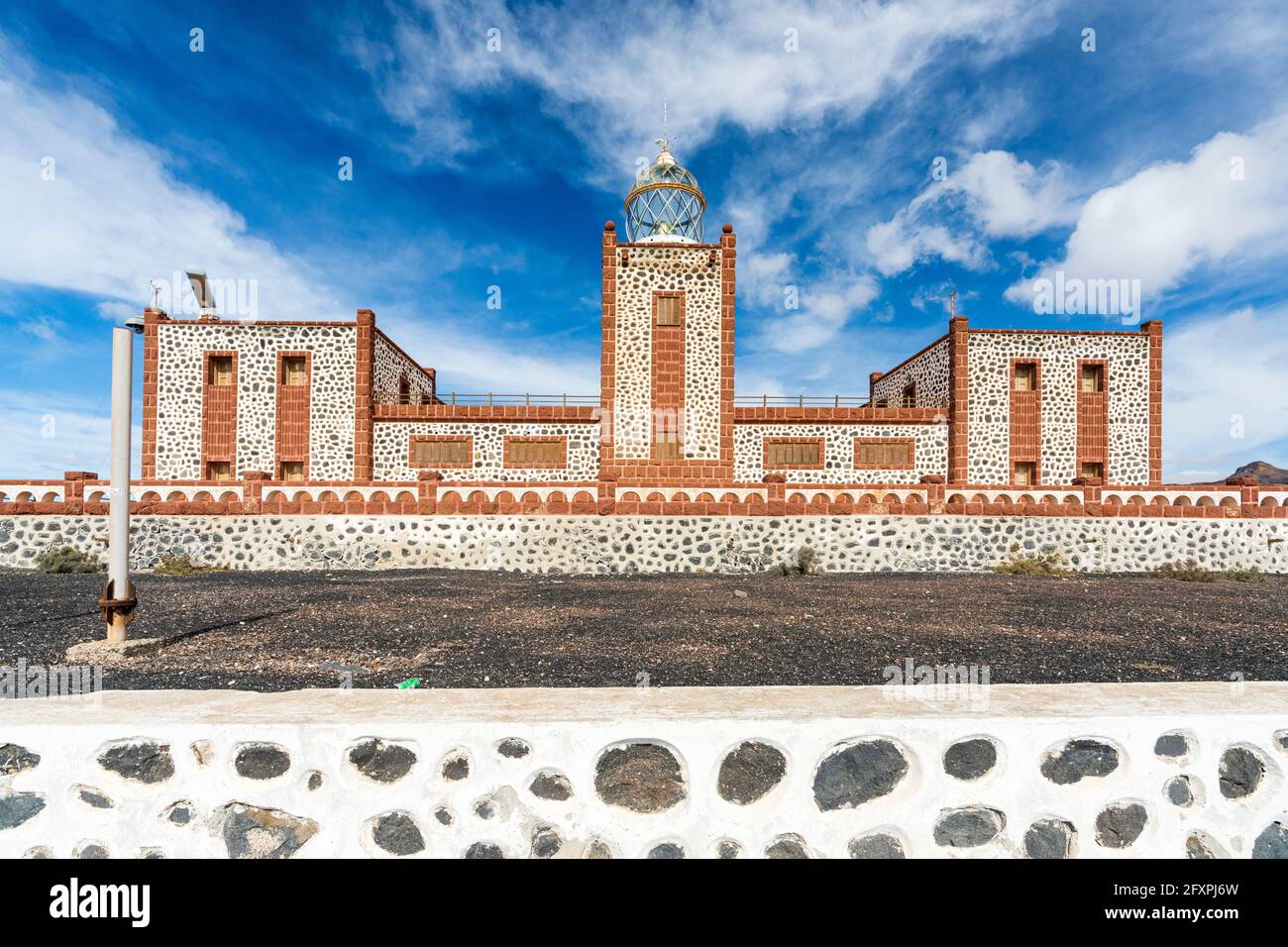 Front view of towers and lantern dome of Entallada lighthouse, Tuineje, Las Palmas, Fuerteventura, Canary Islands, Spain, Atlantic, Europe Stock Photo