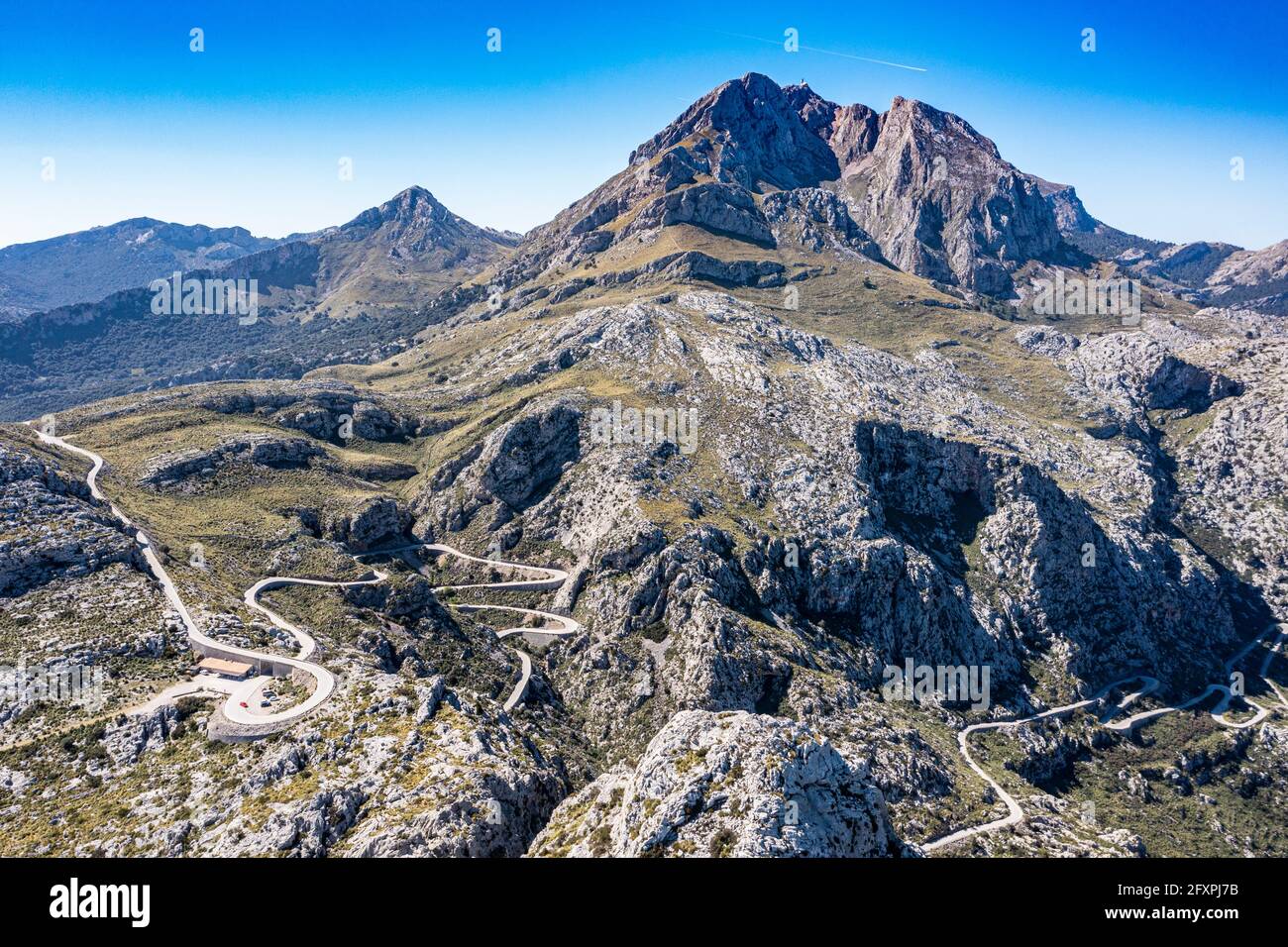 Aerial of the rocky Tramuntana mountains, UNESCO World Heritage Site, Mallorca (Majorca), Balearic Islands, Spain, Europe Stock Photo