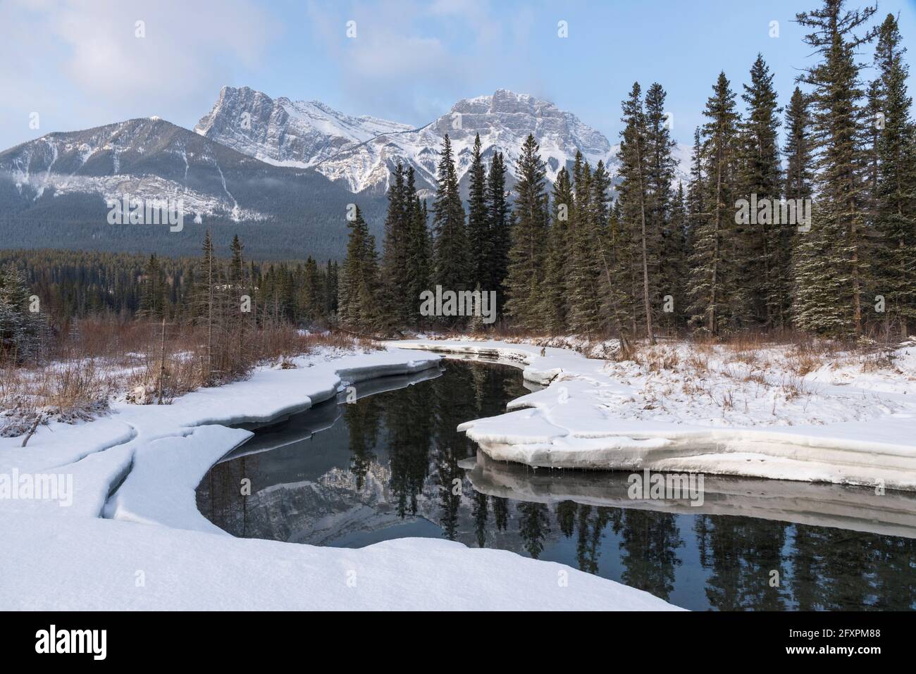 Policeman's Creek in winter with Mount Lawrence Grassi, Canmore, Bow Valley Provincial Park, Alberta, Canada, North America Stock Photo