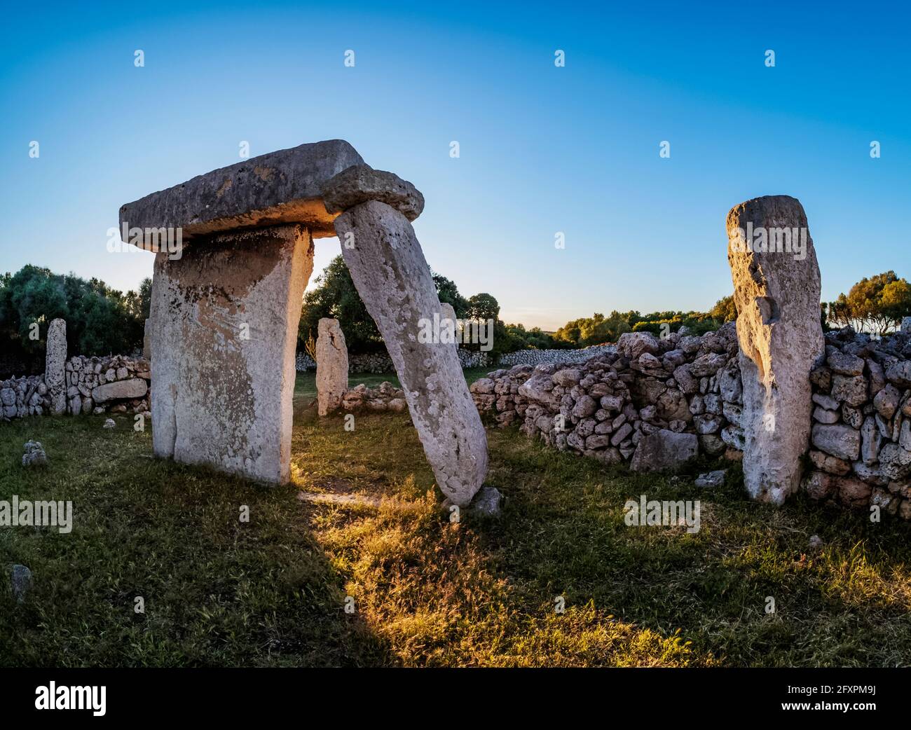 Taula at sunset, Talati de Dalt archaeological site, Menorca (Minorca), Balearic Islands, Spain, Mediterranean, Europe Stock Photo