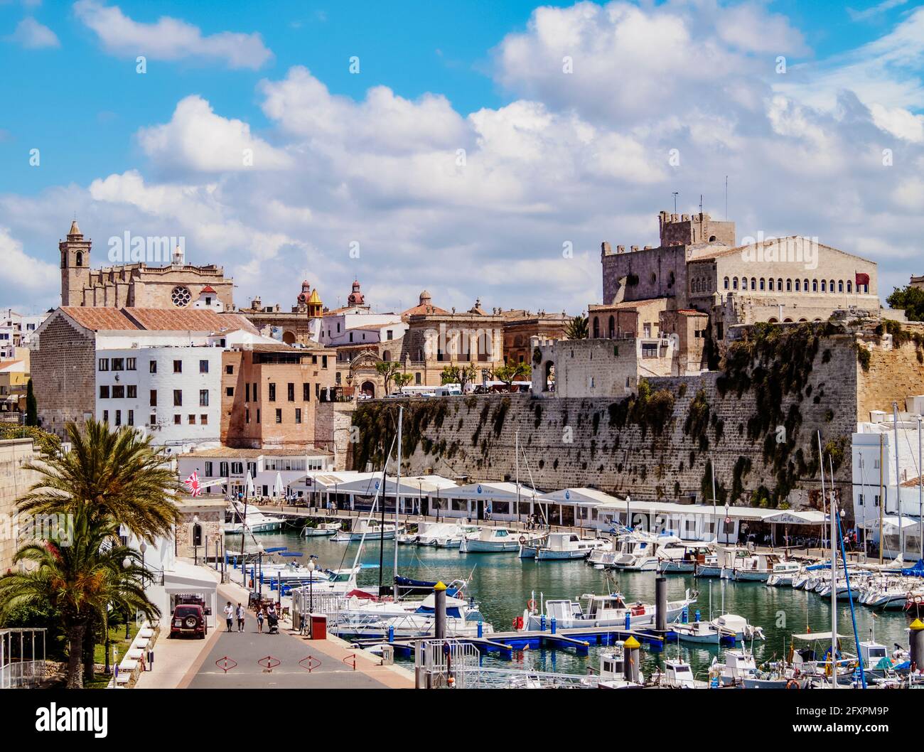 View over the port towards the Cathedral, Ciutadella, Menorca (Minorca), Balearic Islands, Spain, Mediterranean, Europe Stock Photo