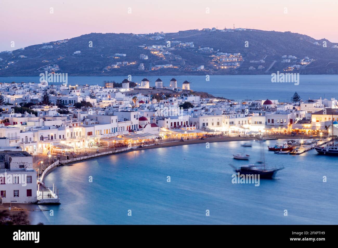 Scenic view over Mykonos town, Mykonos island, Cyclades, Aegean Sea, Greek Islands, Greece, Europe Stock Photo