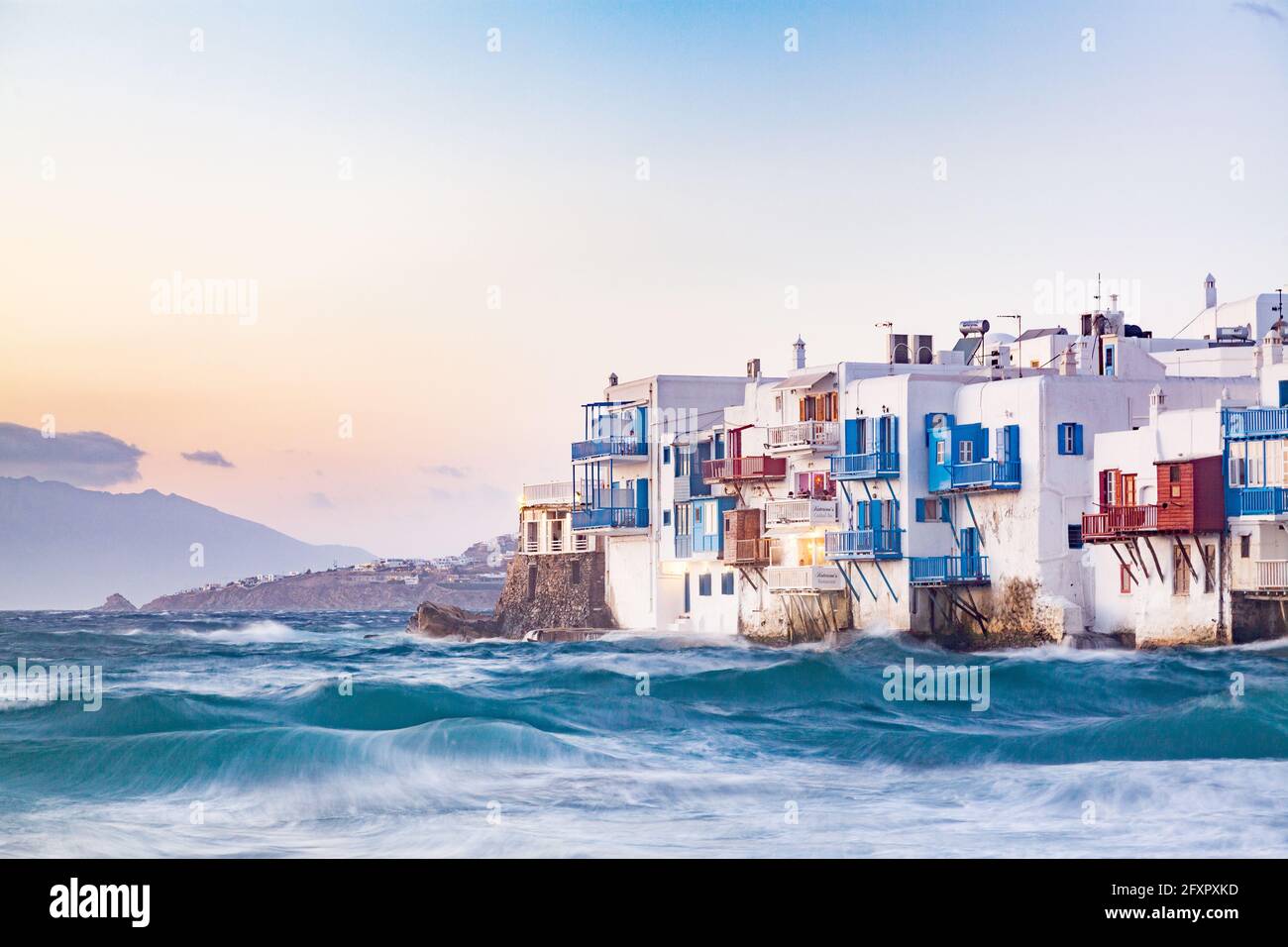 Little Venice in Mykonos, Mykonos Island, Cyclades, Aegean Sea, Greek Islands, Greece, Europe Stock Photo