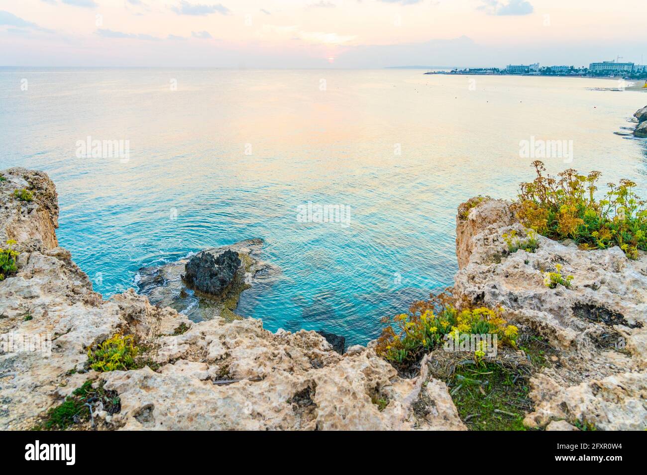 Cape Greco at sunset in Ayia Napa, Famagusta District, Cyprus, Mediterranean, Europe Stock Photo