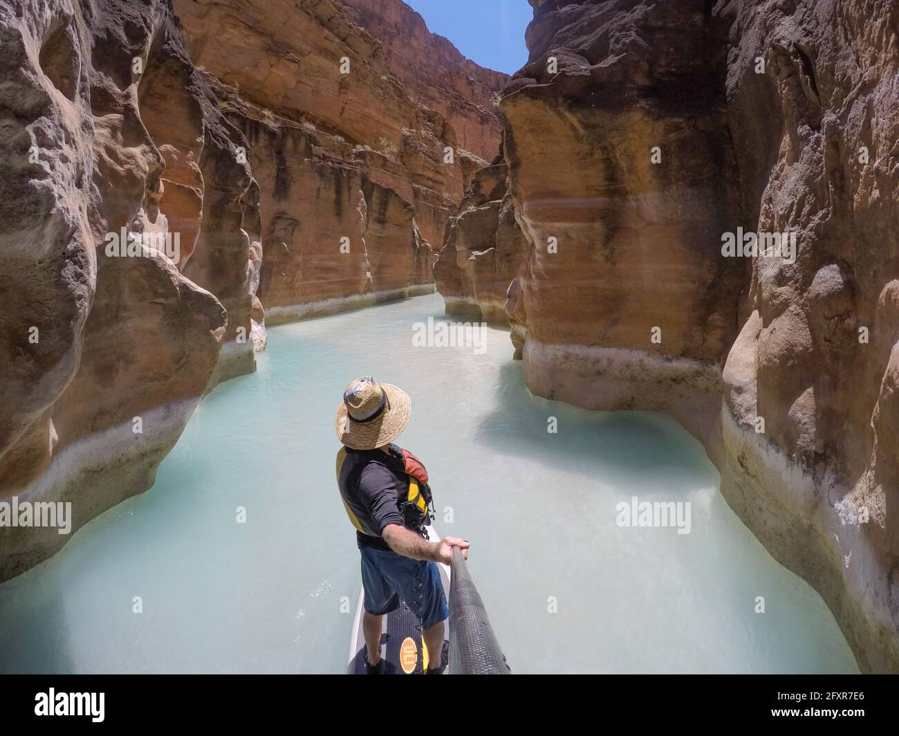 Photographer Skip Brown on a stand up paddle board at the mouth of Havasu Creek in the Grand Canyon, Arizona, United States of America, North America Stock Photo