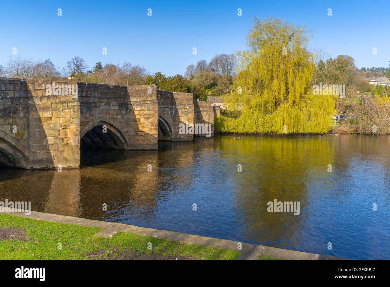 View of bridge over River Wye, Bakewell, Peak District National Park, Derbyshire, England, United Kingdom, Europe Stock Photo