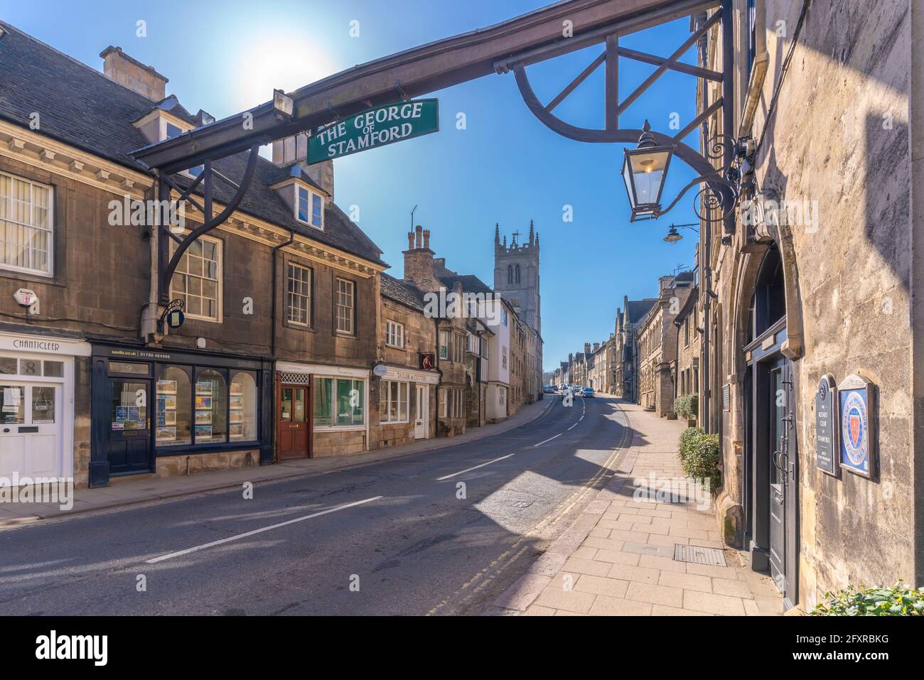View of High Street and St. Martin's Church, Stamford, South Kesteven, Lincolnshire, England, United Kingdom, Europe Stock Photo