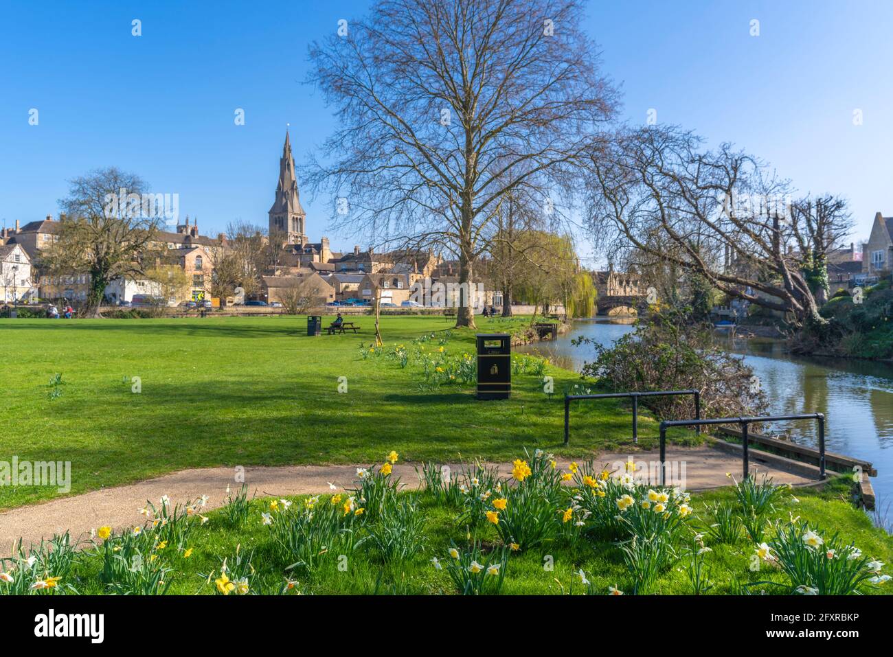 View of Welland River and All Saints Church from the Town Meadows, Stamford, South Kesteven, Lincolnshire, England, United Kingdom, Europe Stock Photo
