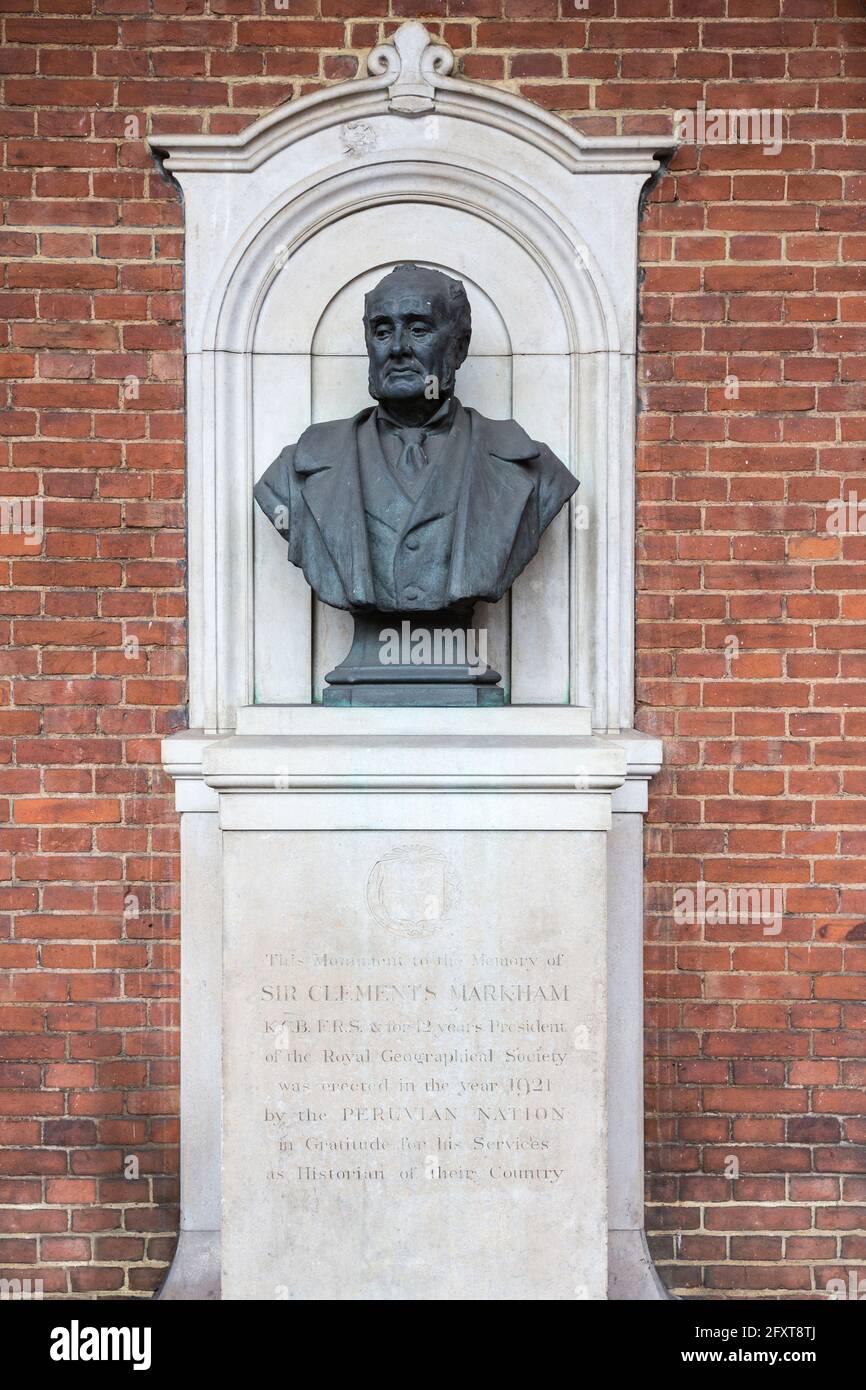 Bust of Sir Clements Markham standing outside the Royal Geographical Society, Kensington, London, England, UK Stock Photo