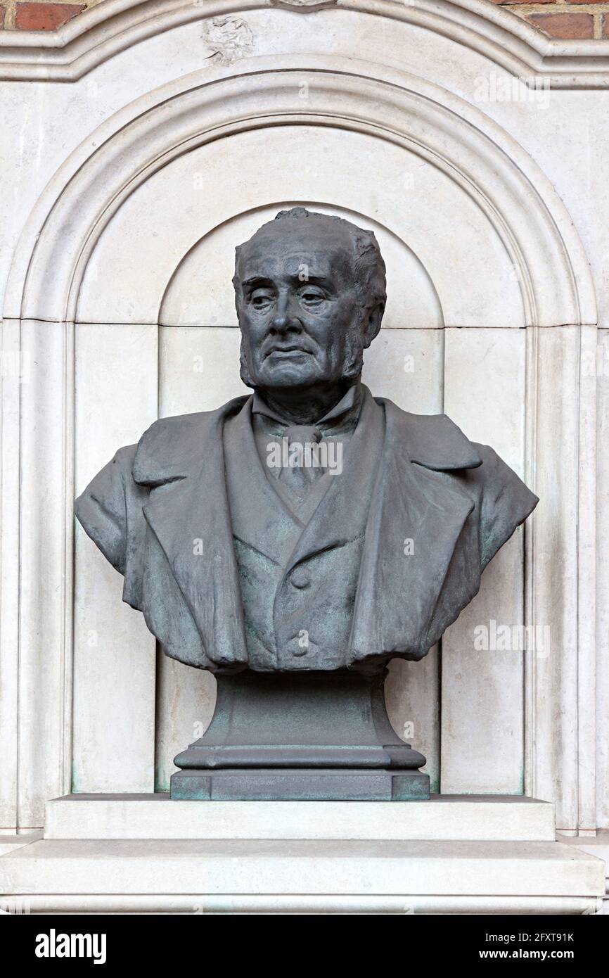 Bust of Sir Clements Markham standing outside the Royal Geographical Society, Kensington, London, England, UK Stock Photo