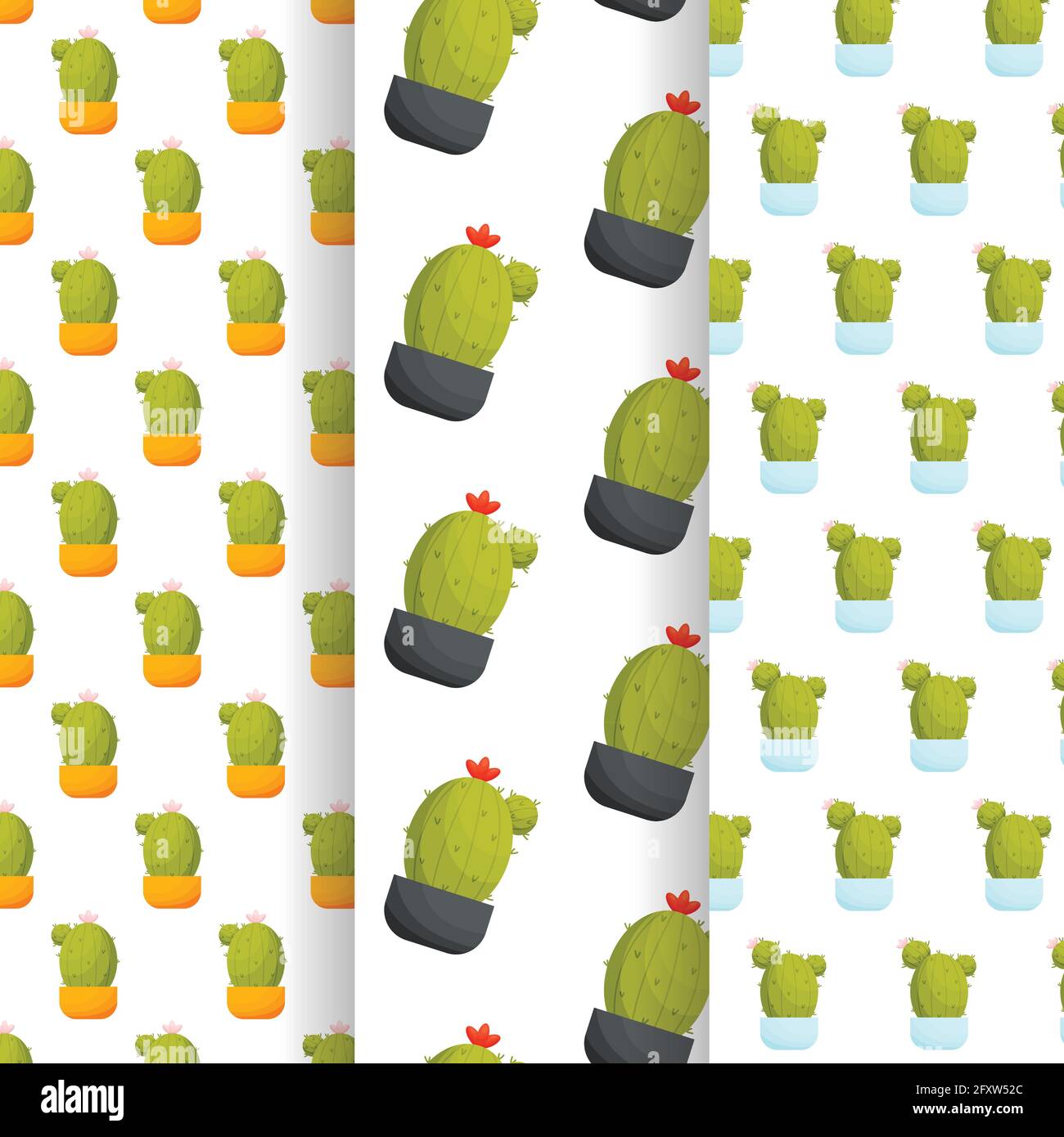 Cactus in the pot seamless patterns set, vector illustration Stock Vector