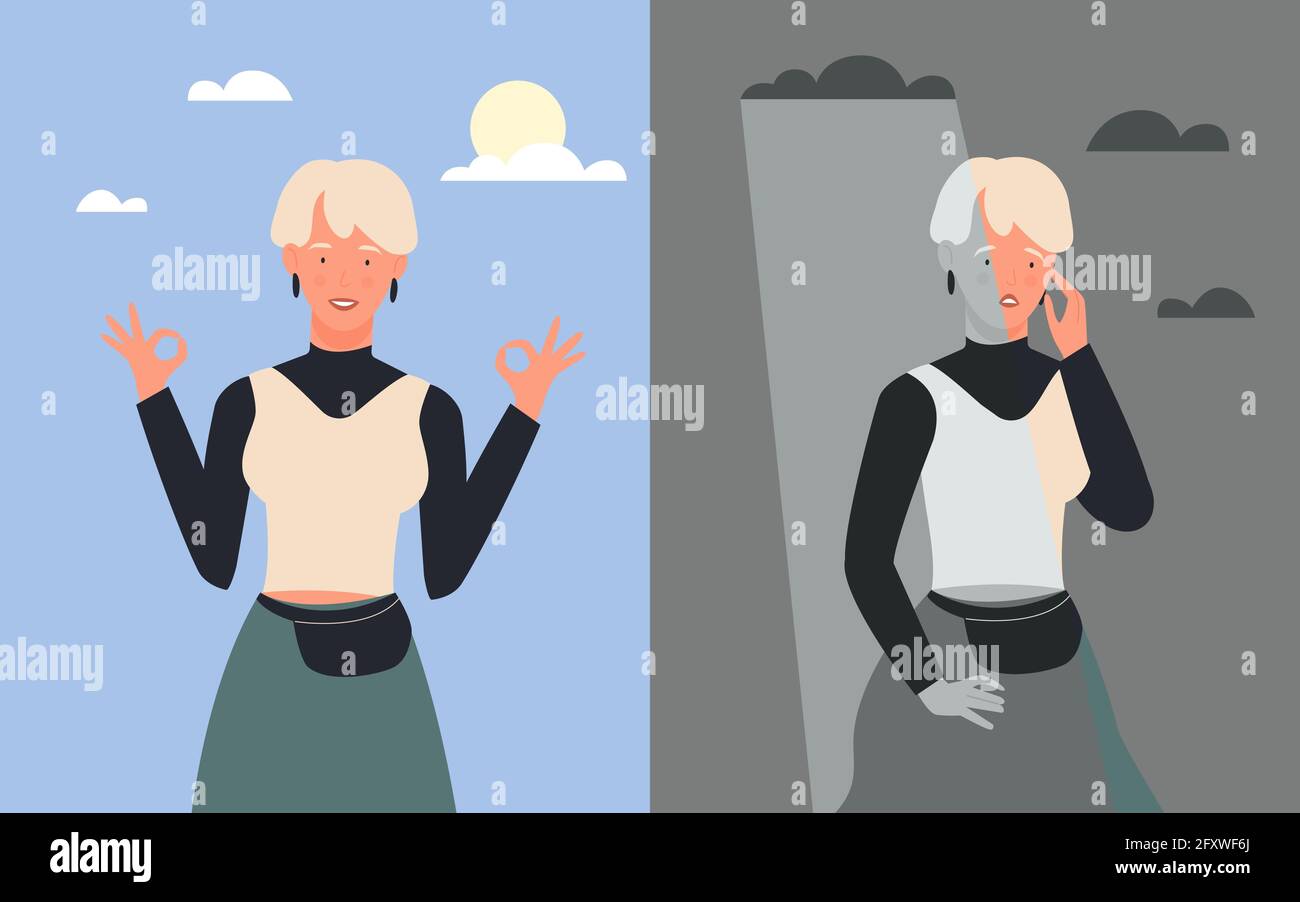 Business woman in good and bad mood vector illustration. Cartoon happy fashionable businesswoman standing and waving, sad female office worker crossed arms in stress negative emotion background Stock Vector