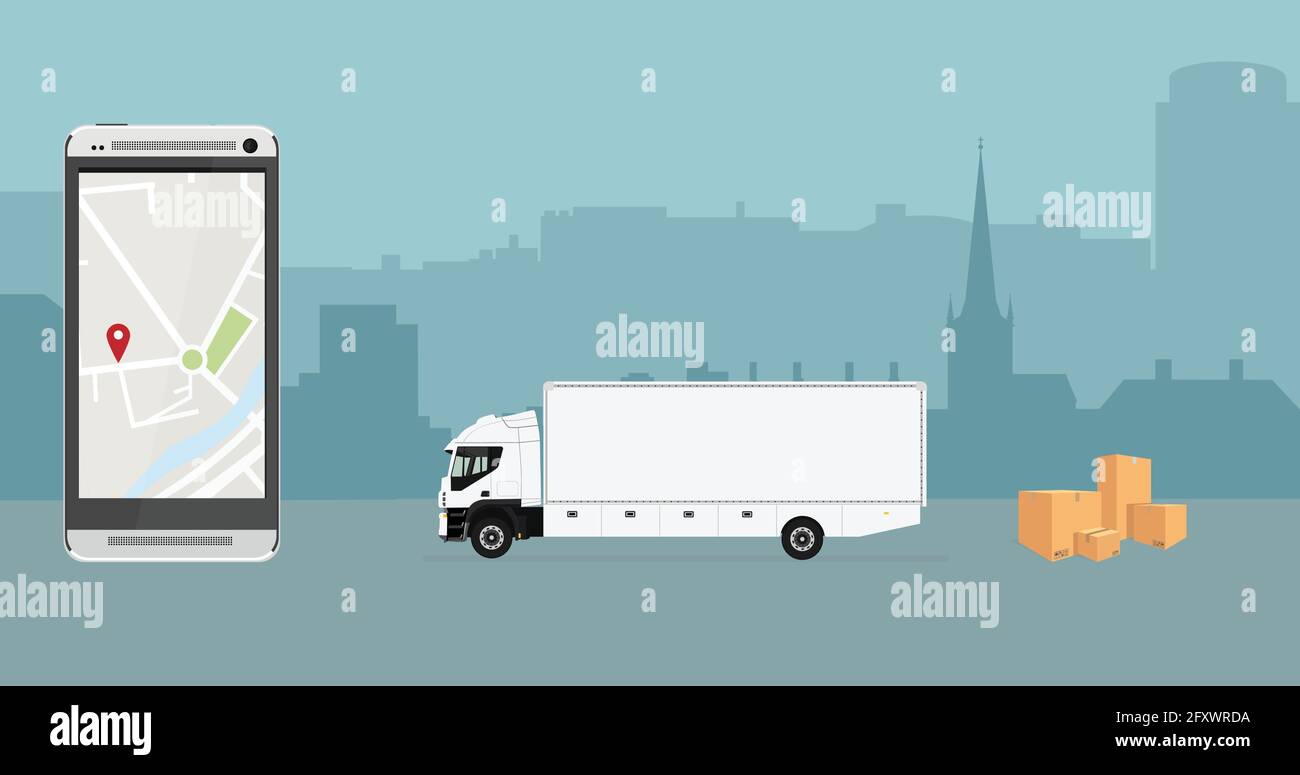 Delivery concept. Checking delivery service app on mobile phone ...