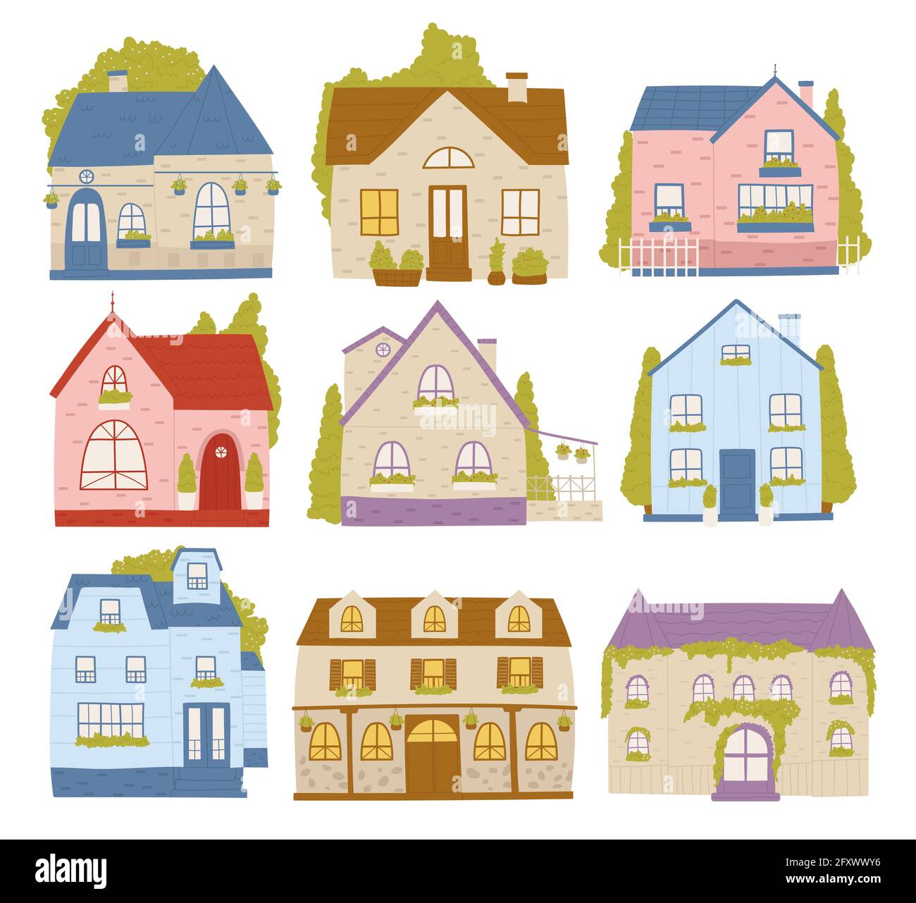 Town houses, neighborhood residence cartoon buildings vector illustration set. Cartoon cute colourful cottage cabin houses collection, residential architecture diversity for neighbors isolated Stock Vector