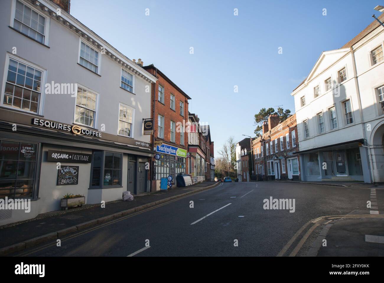 Shops in the town centre of Buckingham in Buckinghamshire in the UK