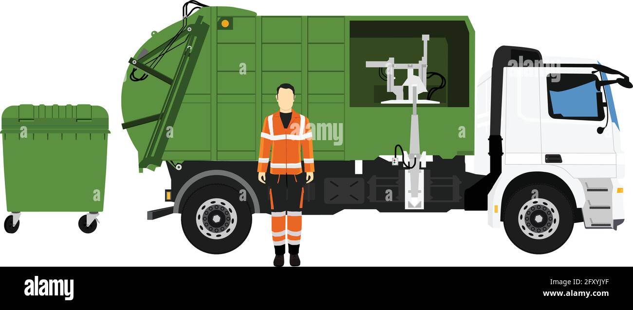 Garbage truck and sanitation worker. Vector illustration Stock Vector